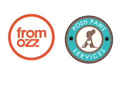 Fromozz logo enclosed in a orange circle and Posh Paws Service logo enclosed in a light blue circle with brown border and two black paws on the sides, inside there is the figure of a brown dog and inside of the dog there is the figure of a white cat